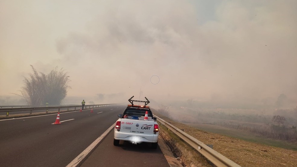 Fumaça gerada por incêndio provocou a interdição total da Rodovia Raposo Tavares, em Martinópolis (SP), nesta quinta-feira (19) — Foto: Polícia Militar Rodoviária