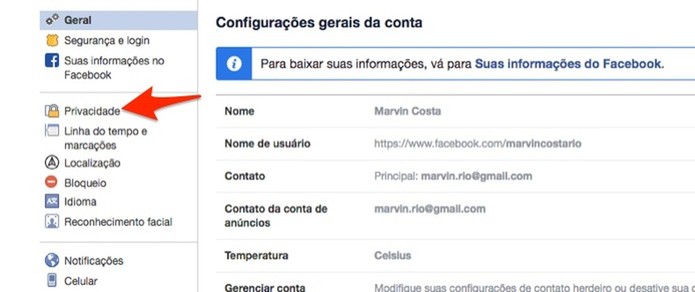Ação para acessar as configurações de privacidade do Facebook (Foto: Reprodução/Marvin Costa) Ação para acessar as configurações de privacidade do Facebook (Foto: Reprodução/Marvin Costa)