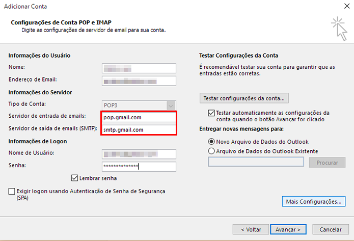 Preencha o formulário incluindo servidores de saída e entrada (Foto: Reprodução/Paulo Alves)