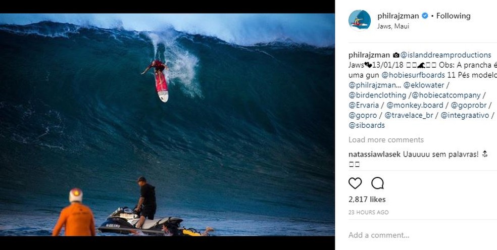 Bicampeão mundial de longboard, o brasileiro Phil Rajzman também se destacou nas ondas de Jaws (Foto: Reprodução/Instagram)