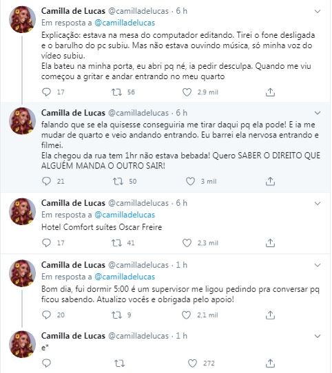 Camilla de Lucas relatou o caso no Twitter (Foto: Reprodução/Twitter)