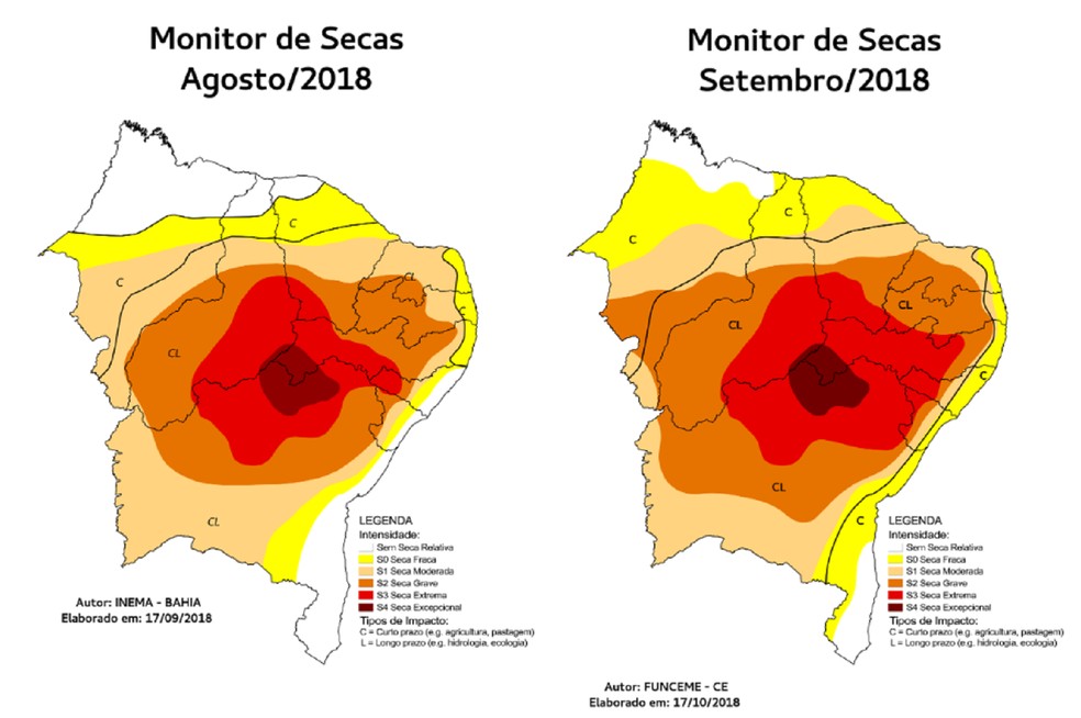 Nas demais Ã¡reas do estado, observam-se a expansÃ£o, para norte, da seca moderada (S1) e seca grave(S2), bem como um aumento da Ã¡rea com seca extrema(S3) na regiÃ£o sul. â Foto:  Foto: Monitor das Secas