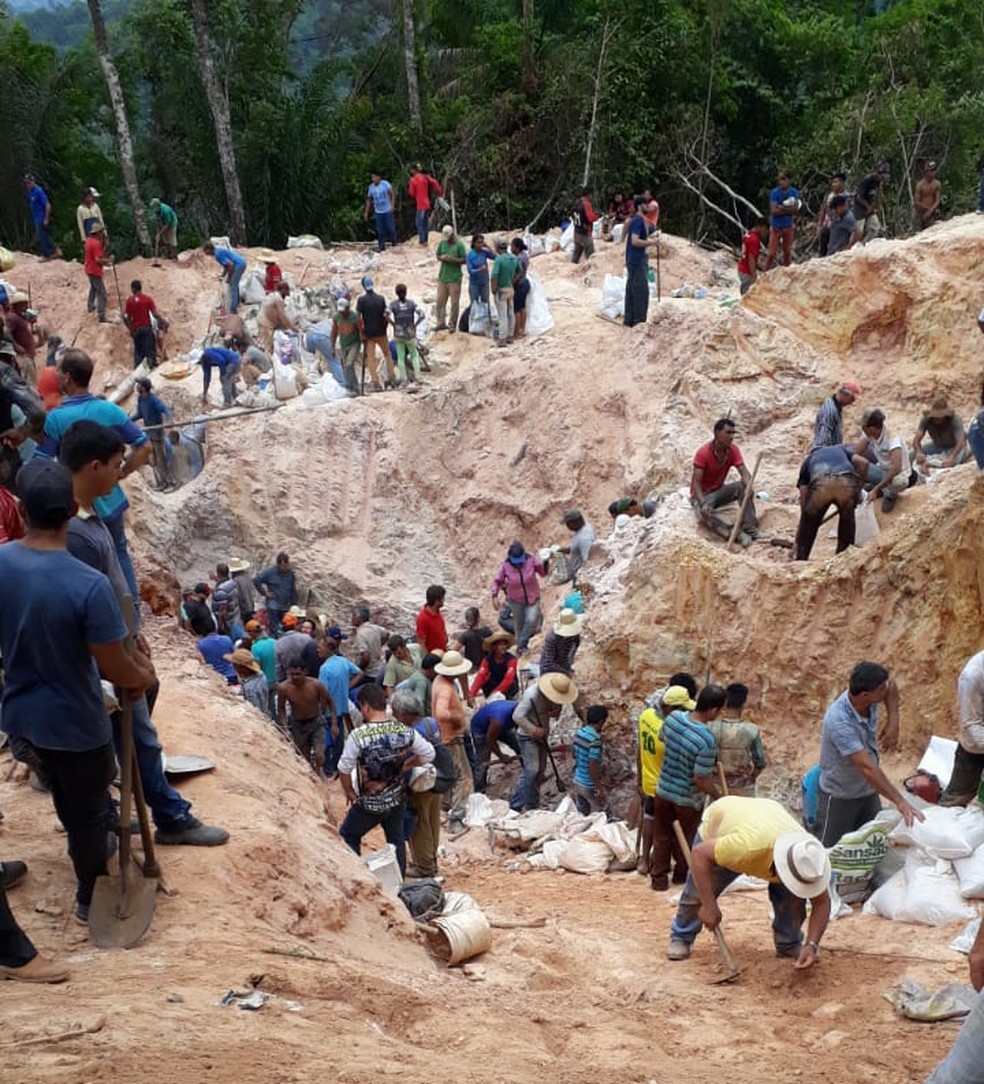 Pessoas em busca de ouro em garimpo ilegal — Foto: Divulgação
