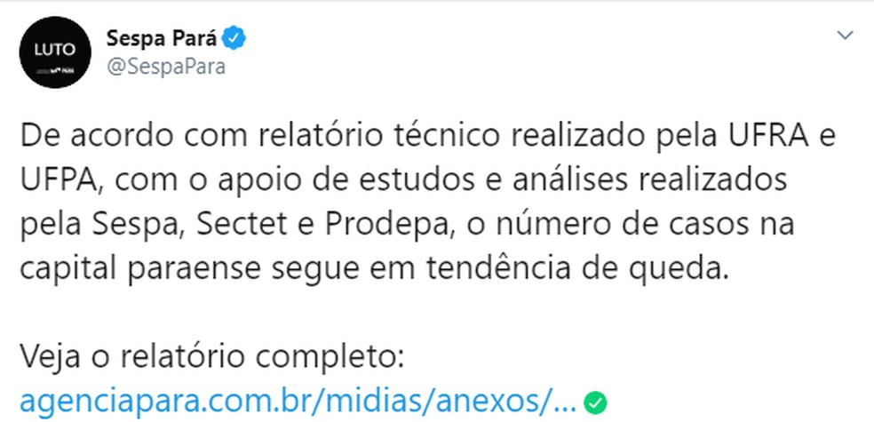Sespa divulga estudo apontando "tendência de queda" da Covid-19 no Pará, que embasou flexibilização do 'lockdown' no estado. — Foto: Reprodução / Twitter Sespa