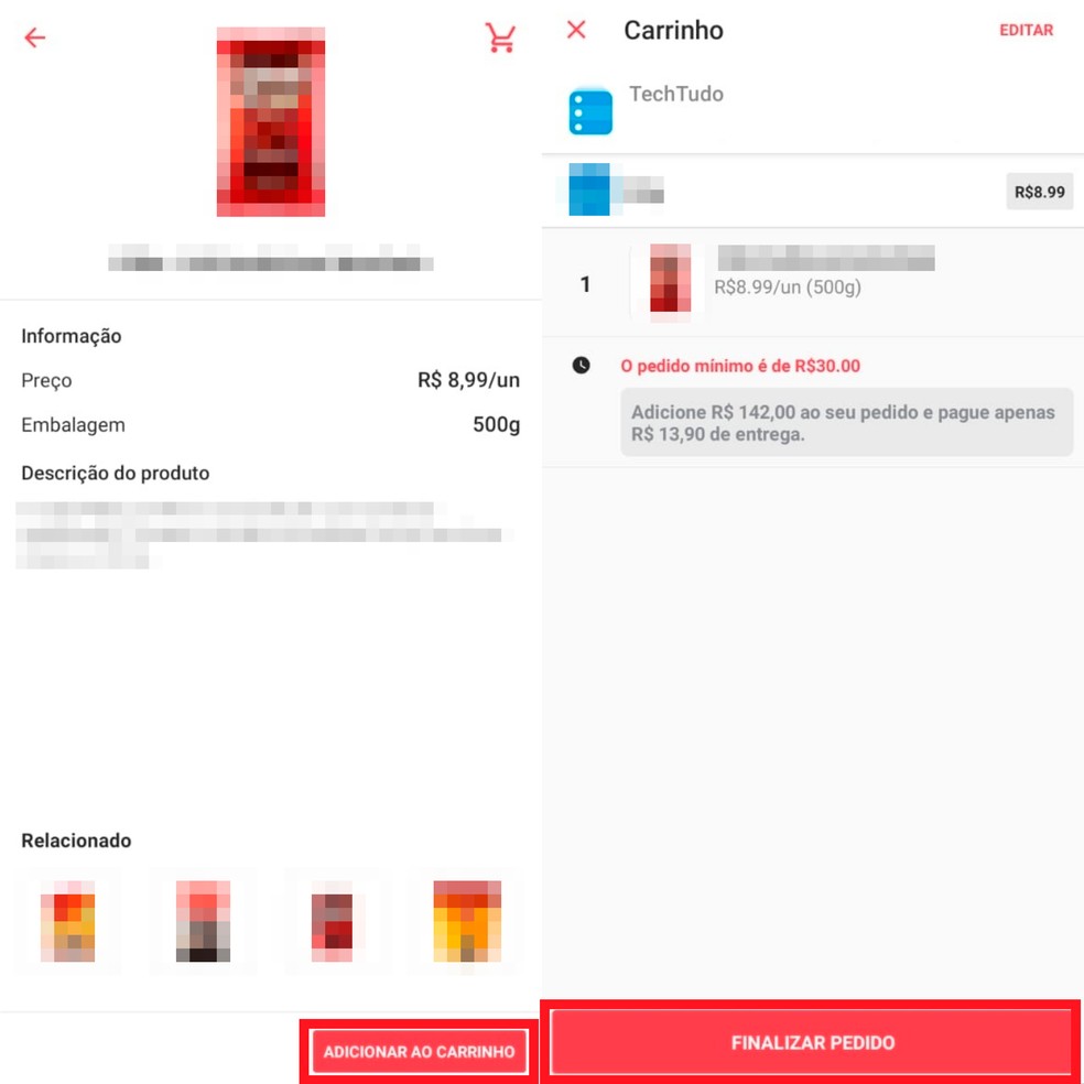Cornershop Uber: adicione os produtos ao carrinho para finalizar o pedido — Foto: Reprodução/Clara Fabro