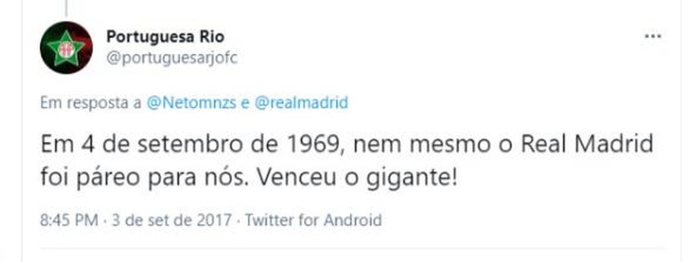 Portuguesa brinca em rede social lembrando vitória sobre o Real Madrid — Foto: Reprodução
