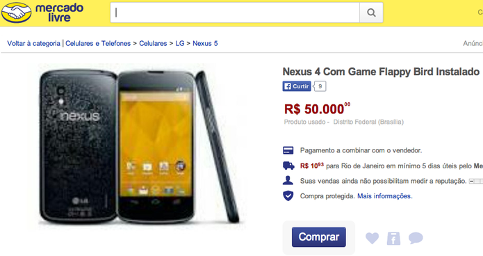 No Brasil, produto mais caro com o Flappy Bird instalado é ofertado a R$ 50 mil; usuários fazem perguntas irônicas ao vendedor (Foto: Reprodução/Mercado Livre)