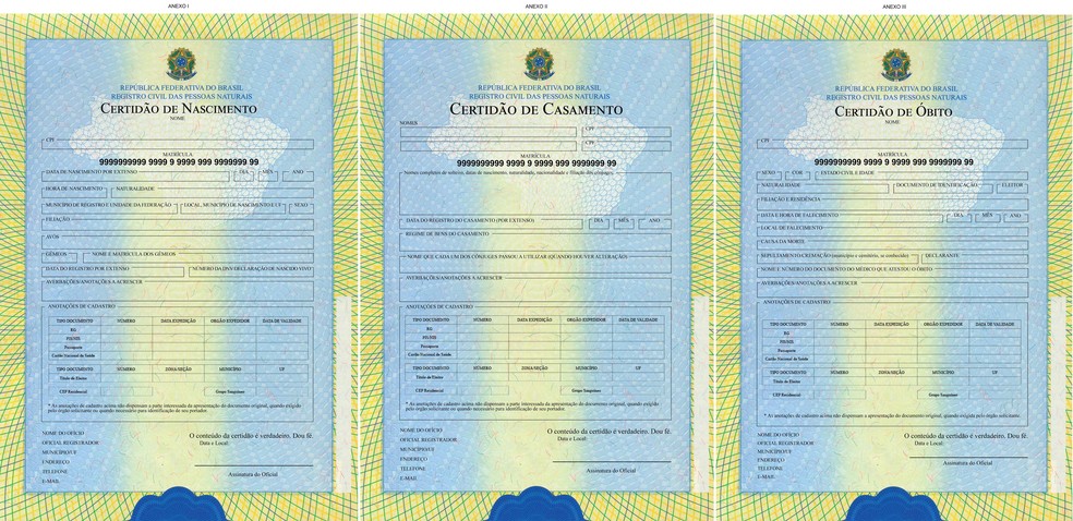 Novos modelos de formulários para certidões de nascimento, casamento e óbito (Foto: Ministério da Justiça/Divulgação)