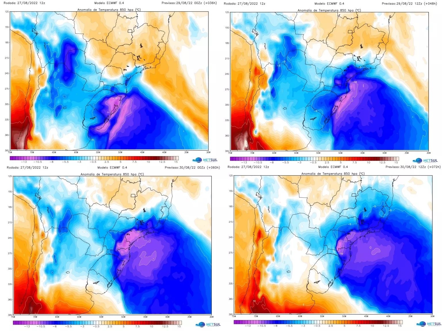 Mapas mostram o avanço da massa de ar polar que avança pelo Brasil (Foto: Reprodução/MetSul)