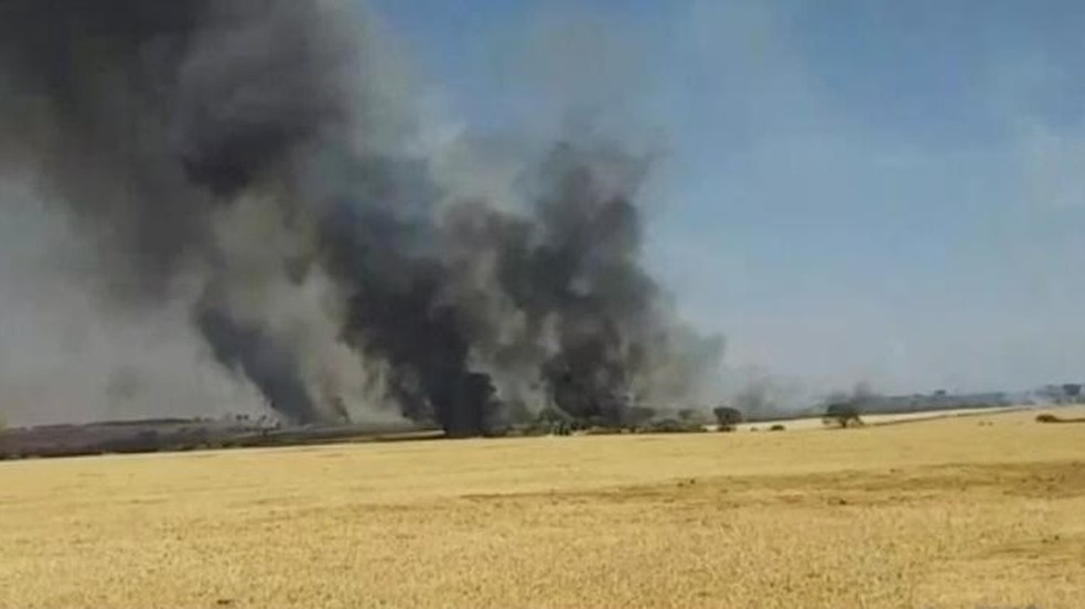 Incêndio em terreno de pastagem na região norte de Rio Preto — Foto: Reprodução/TV TEM