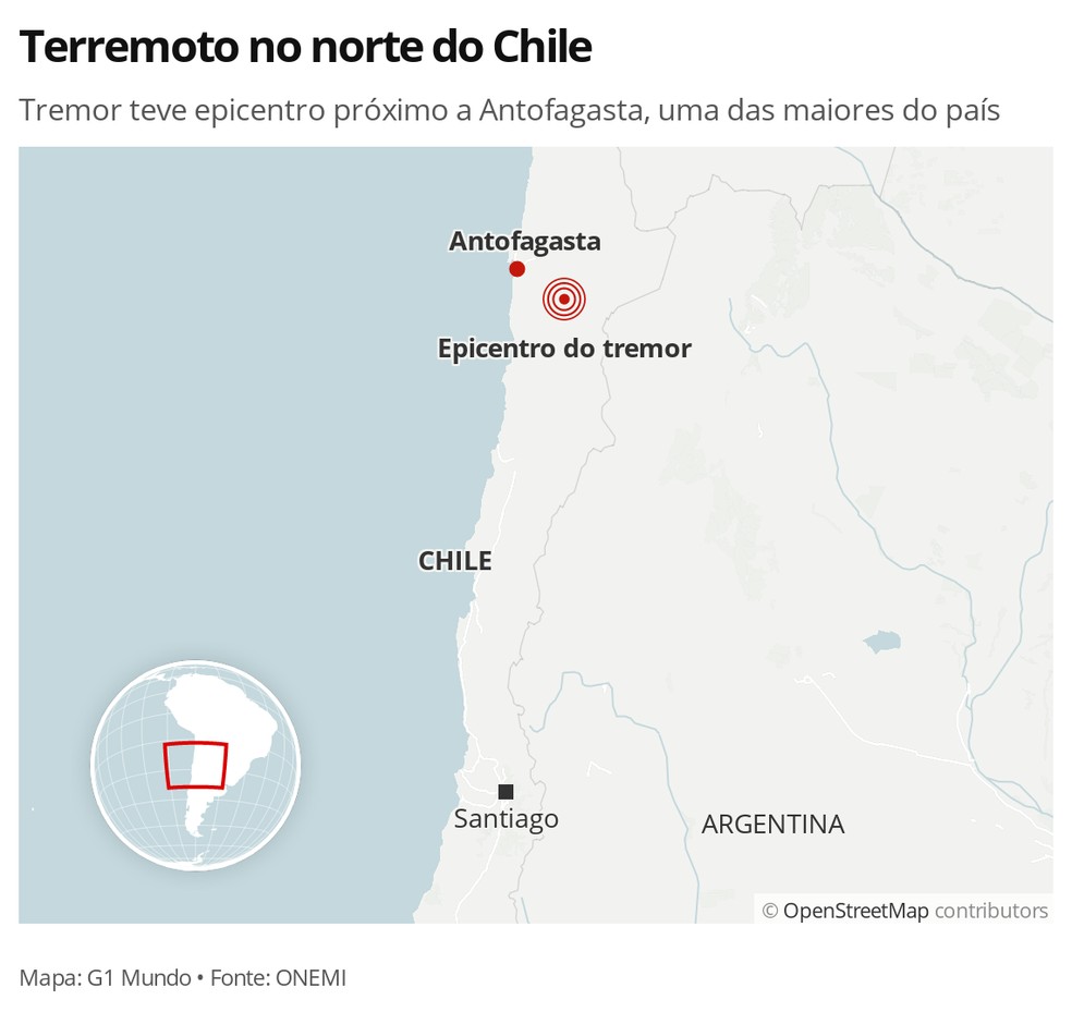 Terremoto no norte do Chile - MAPA — Foto: G1 Mundo