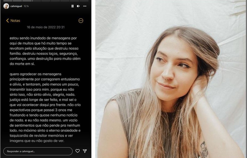Camilla Miguel, irmã de Rafael Miguel e filha de João e Miriam, comenta prisão de Paulo Cupertino esperando que a Justiça seja feita no caso  — Foto: Reprodução/Arquivo pessoal