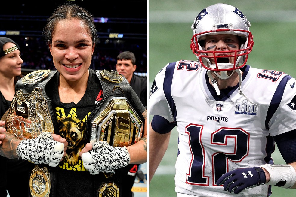 Amanda Nunes (esq.) e Tom Brady (dir.): para Dana White, os dois estão no mesmo patamar — Foto: Info Esporte