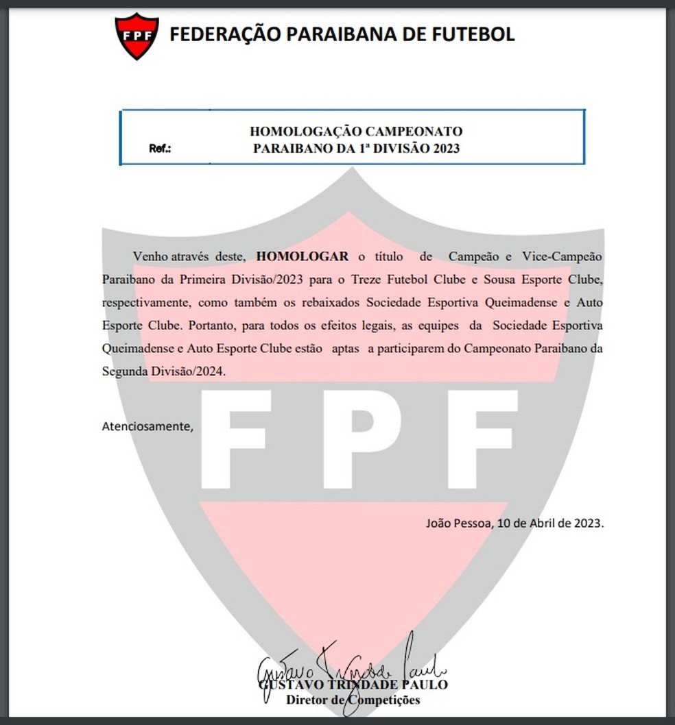 Homologação do Treze como campeão paraibano de 2023 — Foto: Divulgação / FPF-PB