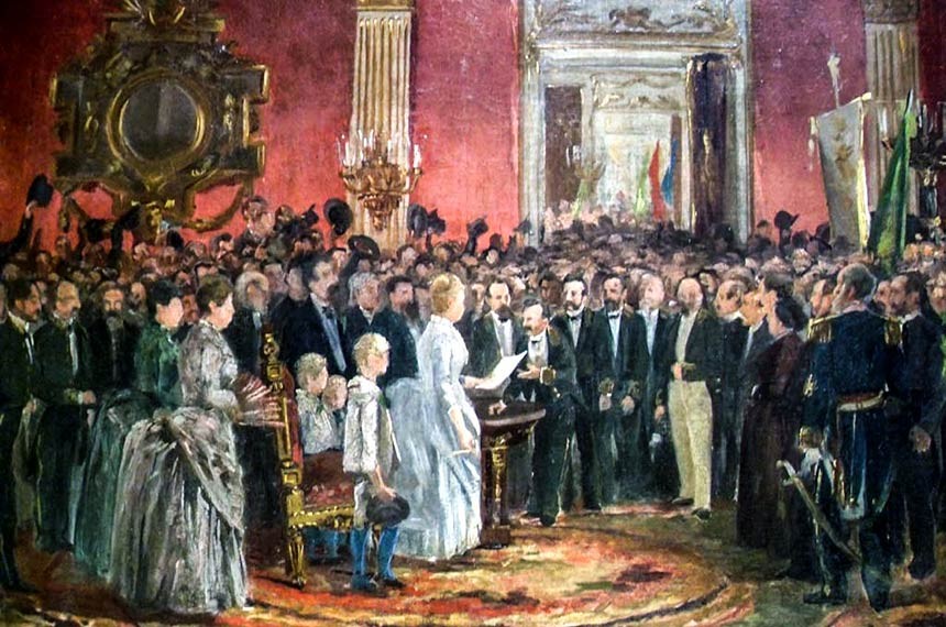Pintura representa o momento da assinatura da Lei Áurea pela Princesa Isabel (Foto: Victor Meirelles)