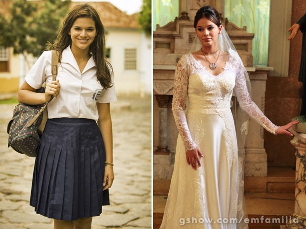 Bruna com visuais distintos de Helena: com uniforme colegial e com vestido de noiva (Foto: João Miguel Júnior / Pedro Curi / TV Globo)