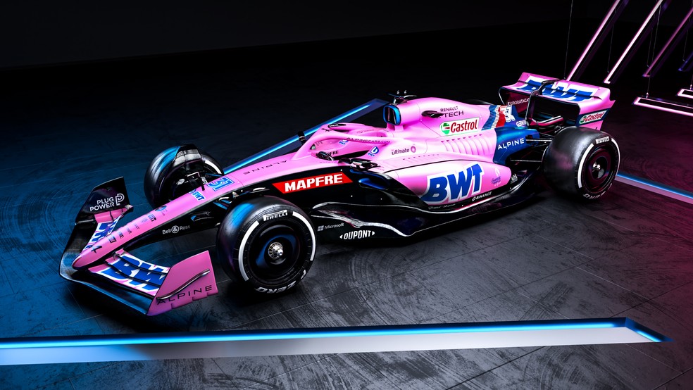 A522, carro da Alpine para a F1 2022; modelo rosa será utilizado nas duas primeiras corridas do ano — Foto: Divulgação