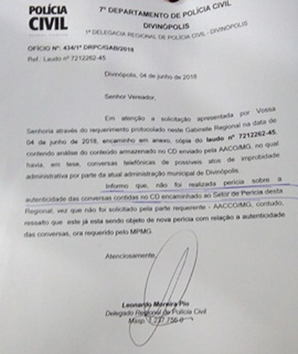 Polícia Civil informou em laudo que não gravação apresentada na Câmara não foi periciada (Foto: Flaviane Oliveira/G1)