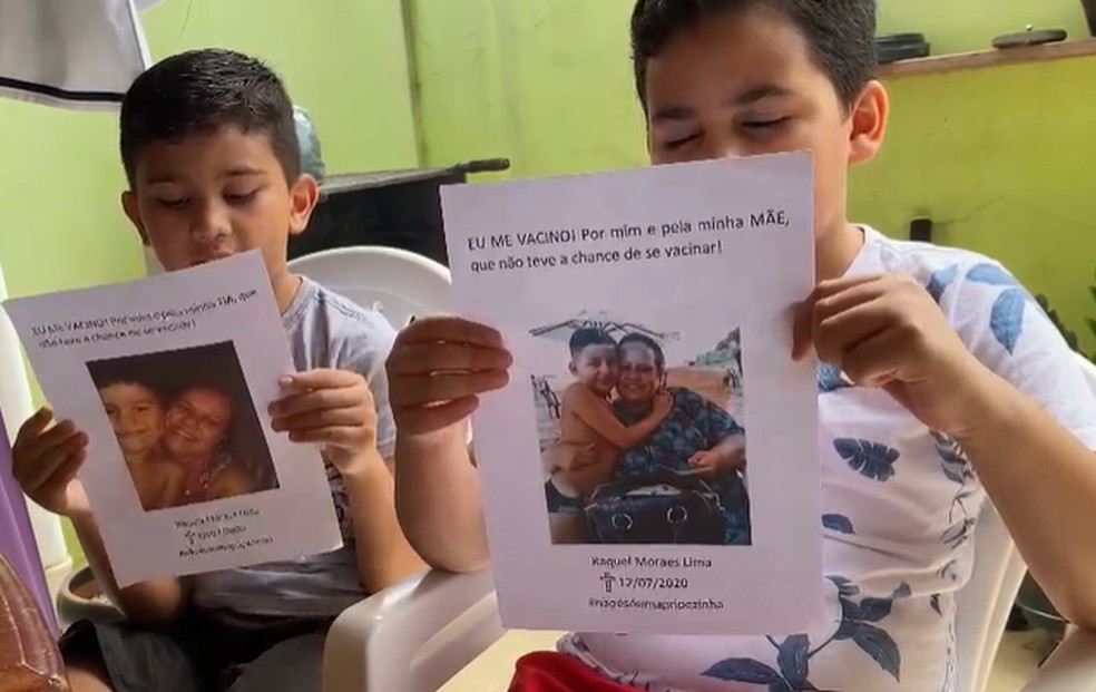 Meninos lembraram de Raquel e outras vítimas que não tiveram a chance de se vacinar contra a Covid  — Foto: Arquivo pessoal