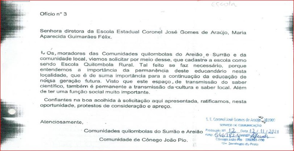 Documento é assinado pelas comunidades quilombolas Surrão e Areião — Foto: Reprodução
