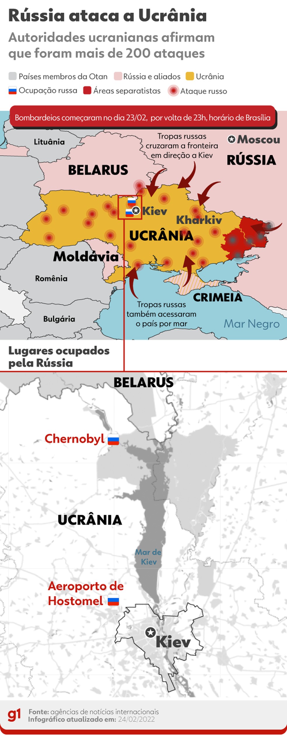 Mapa da Ucrânia mostra locais que foram atacados pela Rússia — Foto: Arte g1
