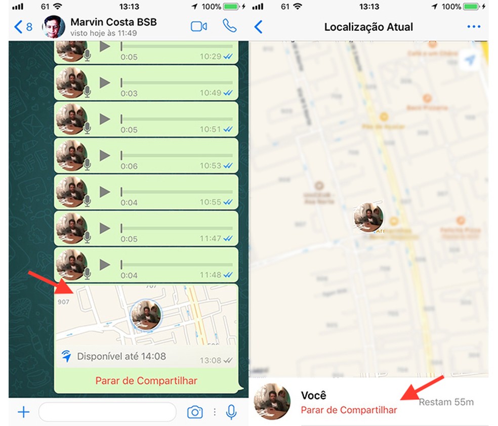 Opção para encerrar o compartilhamento de localização ao em tempo real pelo mapa do WhatsApp (Foto: Reprodução/Marvin Costa)