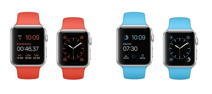 Modelos do Apple Watch Sport com pulseira laranja e azul (Foto: Divulgação/Apple)