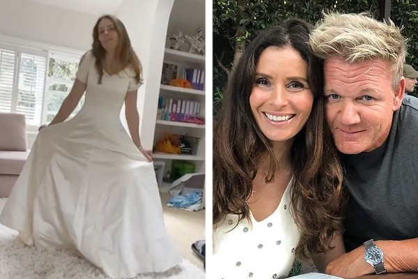 Tana Ramsay (à esq.) posa com o vestido do seu casamento com Gordon Ramsay (à dir.) (Foto: Reprodução / Instagram)