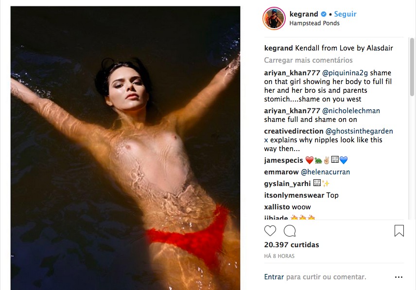 A modelo Kendall Jenner em sua foto de topless compartilhada pela editora da revista LOVE (Foto: Instagram)