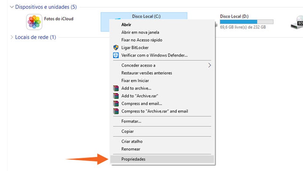 Clique no Disco Local e depois em "Propriedades" (Foto: Reprodução/Tais Carvalho)