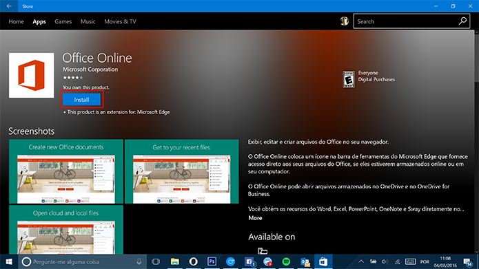 Office Online pode ser baixada na Windows Store para Microsoft Edge (Foto: Reprodução/Elson de Souza)