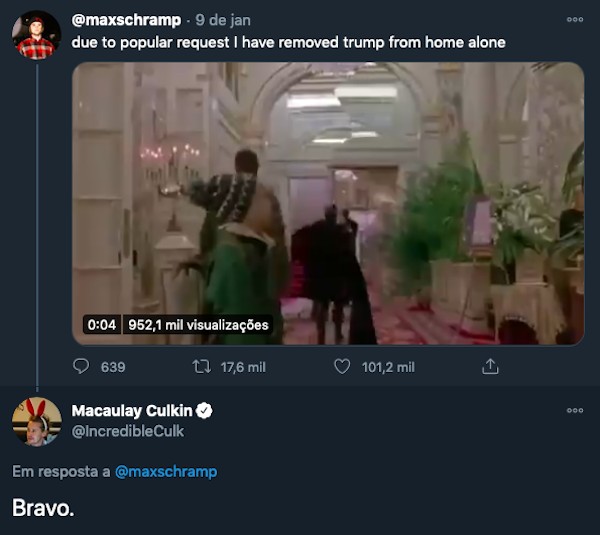 O ator Macaulay Culkin expressando seu apoio à criação de uma petição pedindo para que Trump seja removido de sua cena em Esqueceram de Mim 2 (1992) (Foto: Twitter)