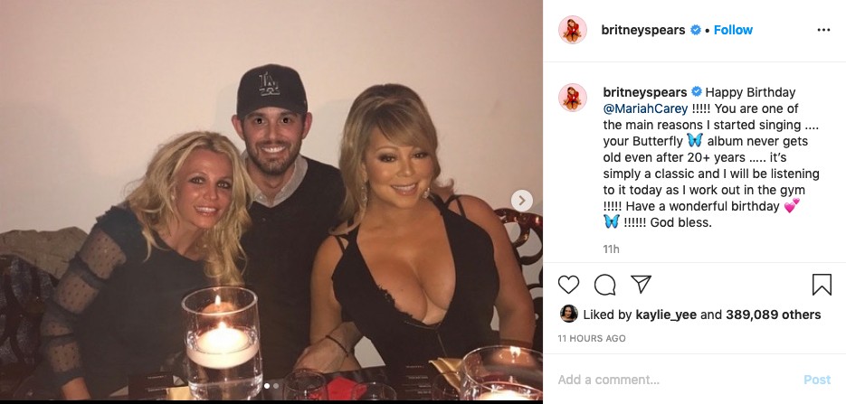 O post feito por Britney Spears celebrando o aniversário de 50 anos da amiga Mariah Carey (Foto: Instagram)