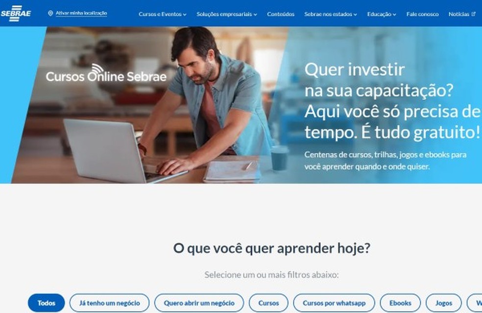 Sebrae é um site que possui cursos de marketing digital gratuitos — Foto: Reprodução/Thaisi Carvalho