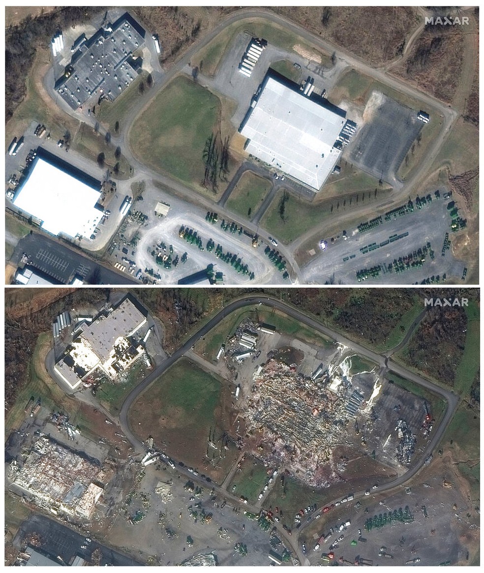 Imagens de satélite mostram a fábrica de velas da Mayfield Consumer Products e edifícios próximos, no Kentucky, em 28 de janeiro de 2017, no topo, e abaixo no sábado, 11 de dezembro de 2021, após um tornado causado forte danos na área — Foto: Satellite image ©2021 Maxar Technologies via AP