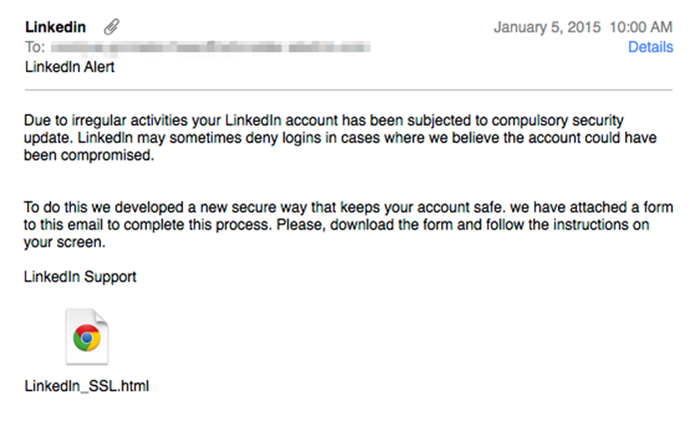 Novo ataque phishing no LinkedIn enviado por e-mail (Foto: Divulgação/Symantec)