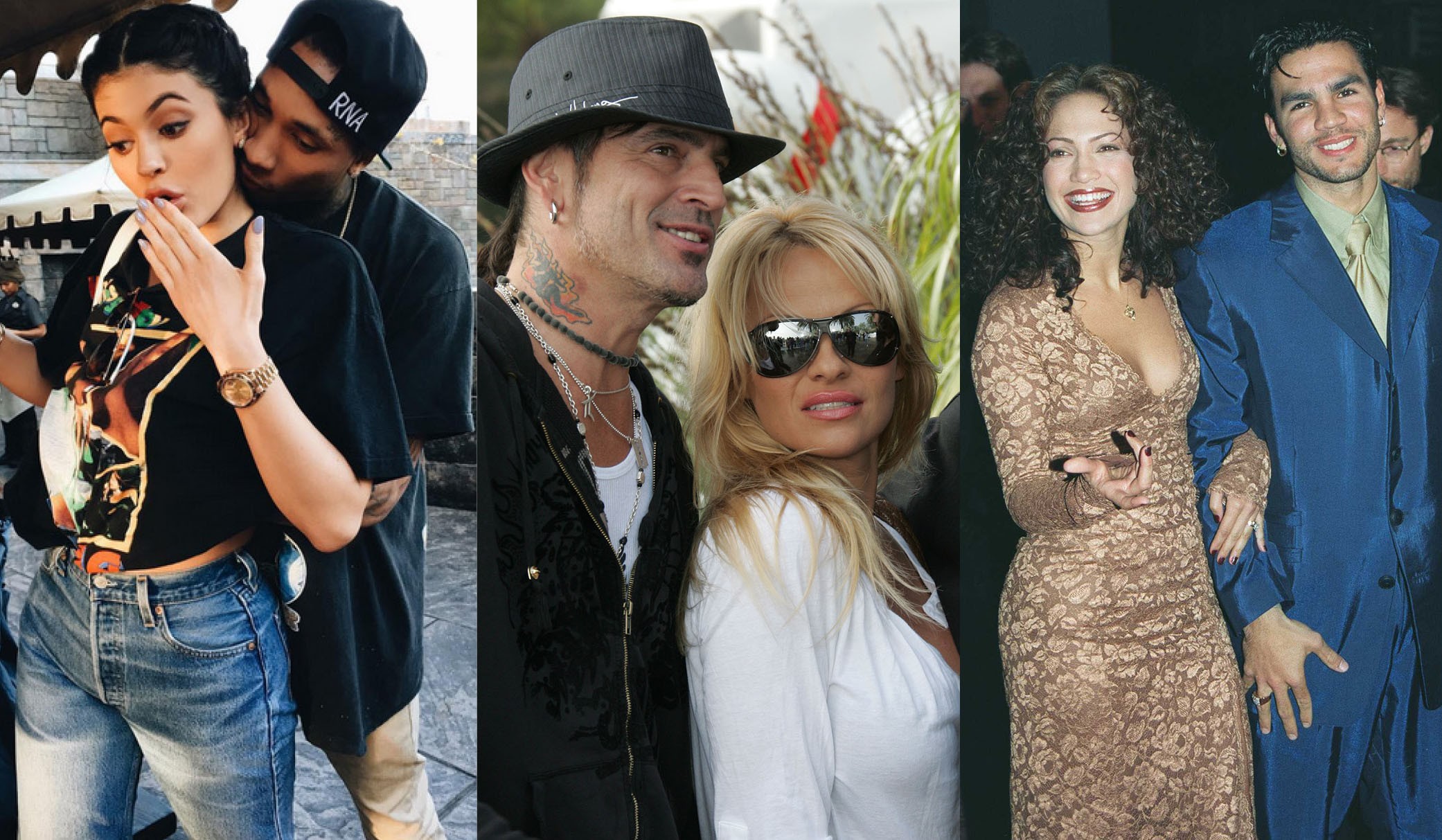 Kylie Jenner e Tyga, Pamela Anderson e Tommy Lee, Jennifer Lopez e Ojani Noa (Foto: Instagram / Getty Images)