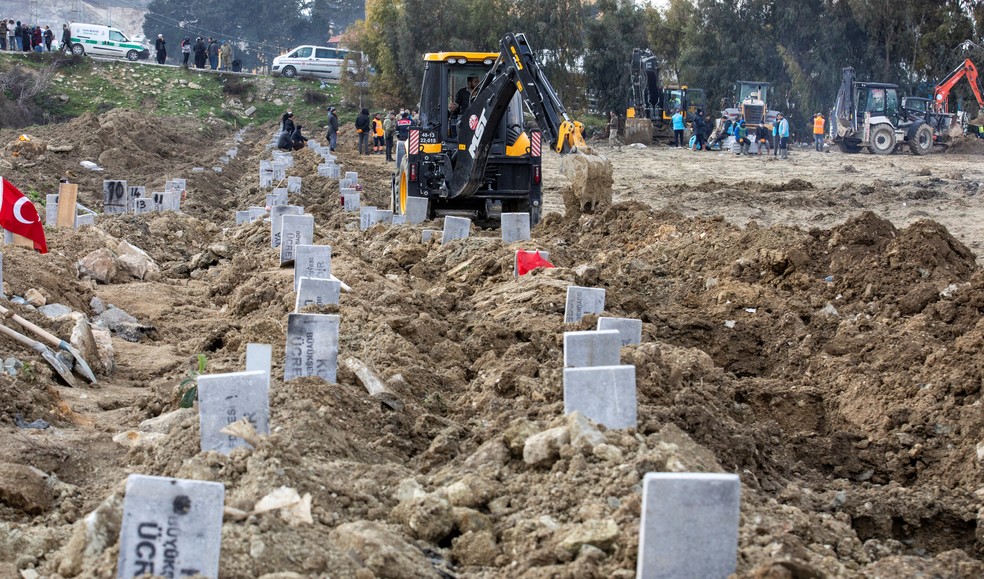 Escavadeira prepara sepulturas para as vítimas do terremoto em Hatay, Turquia — Foto: REUTERS/Umit Bektas