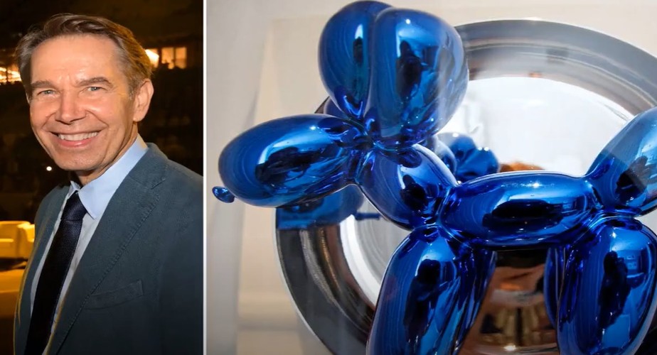 Jeff Koons e a obra da série 'cachorro balão' que acabou quebrando em acidente numa exposição de arte