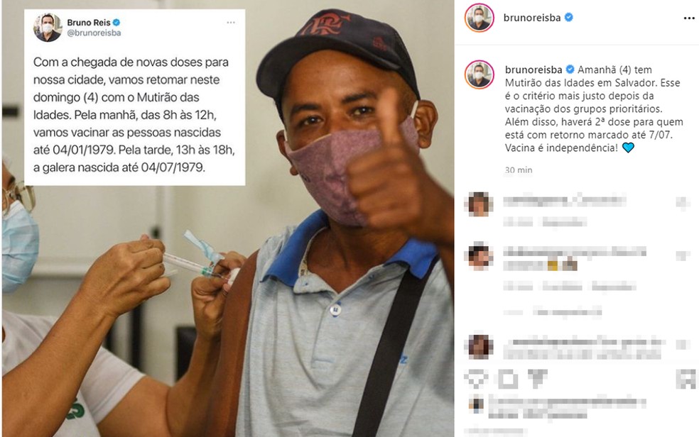 Prefeito de Salvador anunciou mutirão de vacinação no domingo através das redes sociais — Foto: Reprodução/Instagram