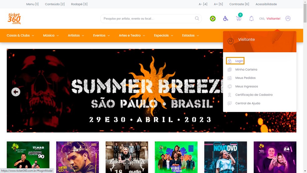 Login no Ticket360 — Foto: Reprodução/Victor de Abreu