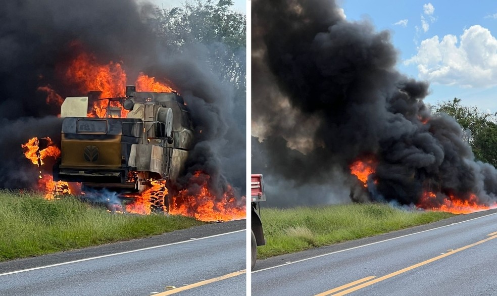 Máquina pega fogo em rodovia perto de Itaberá — Foto: Arquivo pessoal