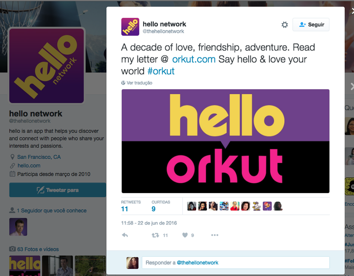 No Twitter, Hello lembra Orkut e celebra nova geração da rede social (Foto: Divulgação/Hello)