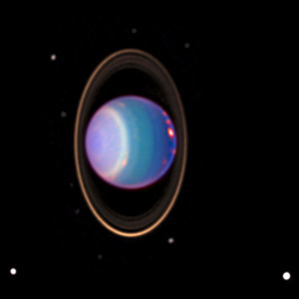 Urano e seus anéis e alguns de seus satélites (Foto: Erich Karkoschka (University of Arizona) and NASA:ESA)