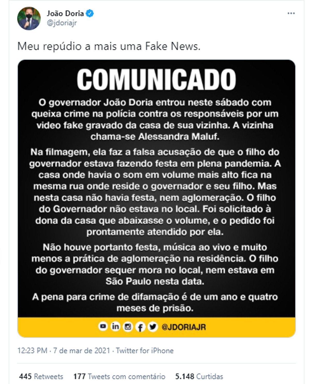 Governador de São Paulo, João Doria nega que filho tenha dado festa com aglomeração em meio à pandemia (Foto: Reprodução/Twitter)