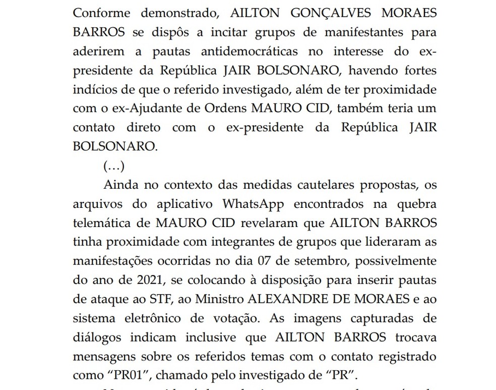 Bolsonaro investigado: documento descreve como Ailton Gonçalves se dispôs a incitar manifestantes a aderirem a pautas golpistas — Foto: Reprodução