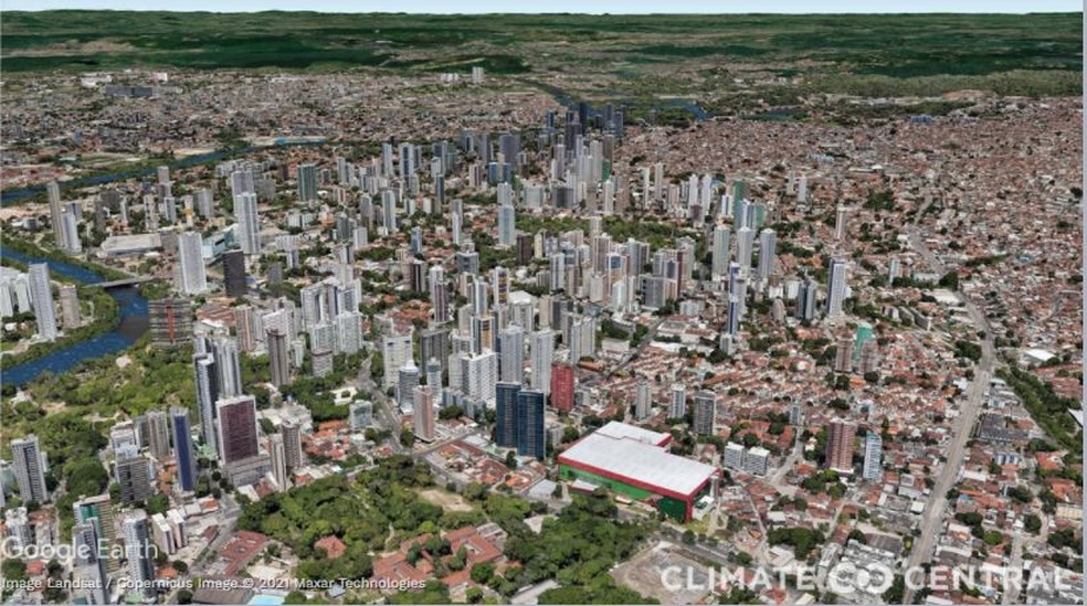 Recife, vista da região da Casa Amarela, projeção com aumento de 1,5°C na temperatura — Foto: Climate Central/Divulgação
