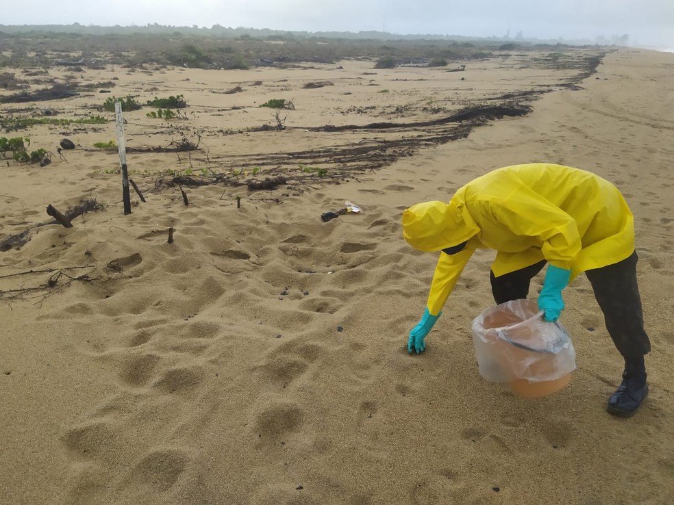 Fragmentos de óleo chegam na Praia de Regência, em Linhares — Foto: Eduardo Dias/ TV Gazeta