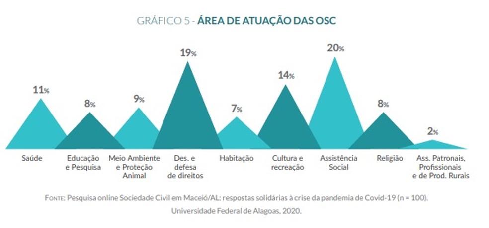 Área de atuação das OSC de Maceió no enfrentamento da Covid-19, segundo pesquisa da Ufal  — Foto: Pesquisa "Sociedade Civil em Maceió/AL: respostas solidárias à crise da pandemia de Covid-19" 