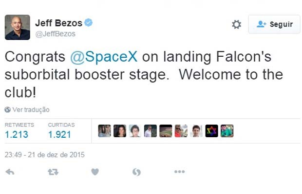 Bezos parabeniza e provoca SpaceX em sua conta pessoal no Twitter (Foto: Reprodução/Twitter)